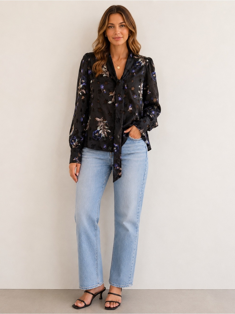Rebecca Taylor Silk Blend Floral Burnout Star Tie Neck Blouse Size 10